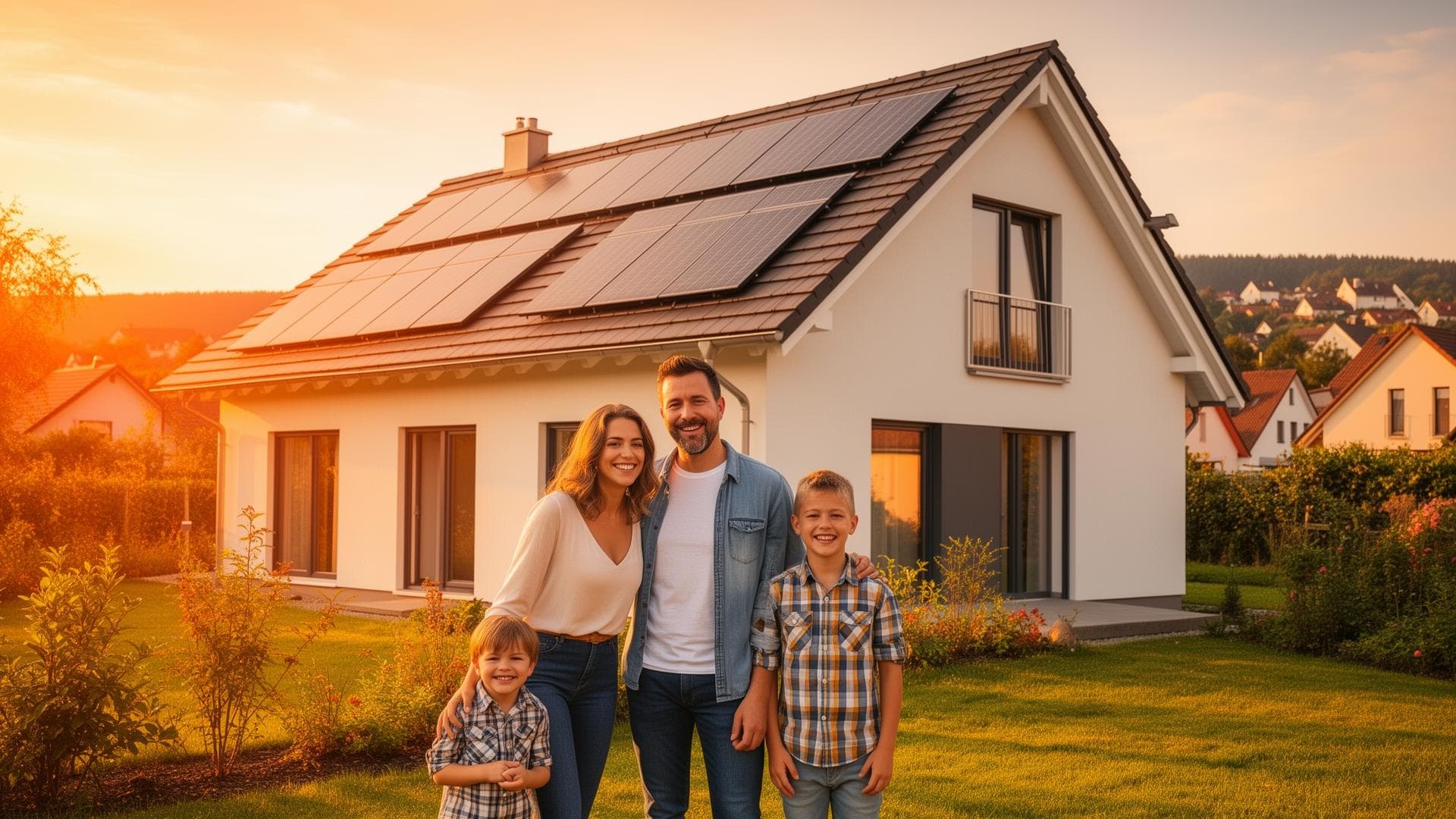 Familie vor Haus mit Solardach als Bild für die Vision lokaler Energiegemeinschaften